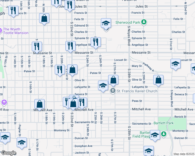 map of restaurants, bars, coffee shops, grocery stores, and more near 2505 Olive Street in Saint Joseph