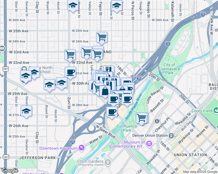 map of restaurants, bars, coffee shops, grocery stores, and more near 2555 16th Street in Denver