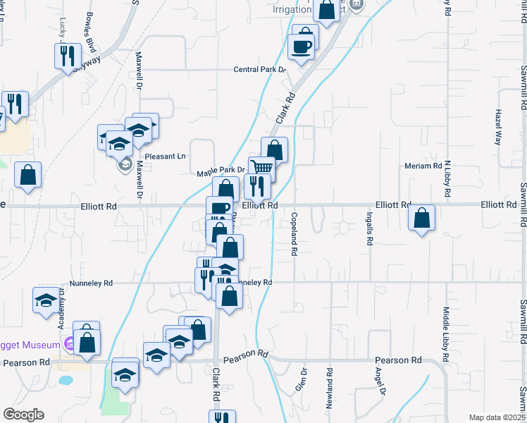 map of restaurants, bars, coffee shops, grocery stores, and more near 1142 Elliott Road in Paradise