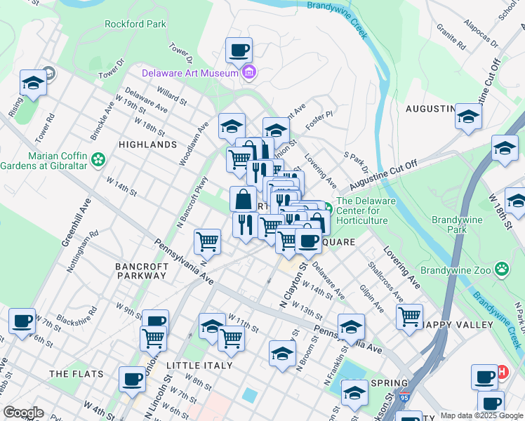 map of restaurants, bars, coffee shops, grocery stores, and more near in Wilmington