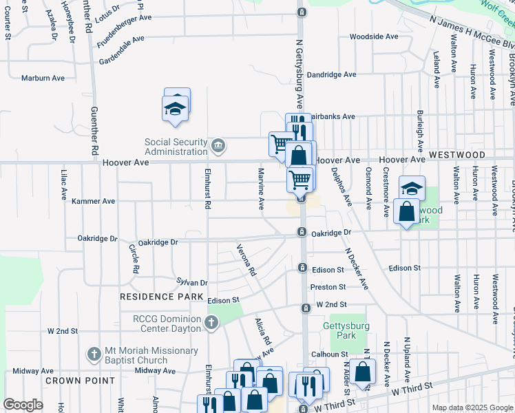 map of restaurants, bars, coffee shops, grocery stores, and more near 4115 Shenandoah Drive in Dayton