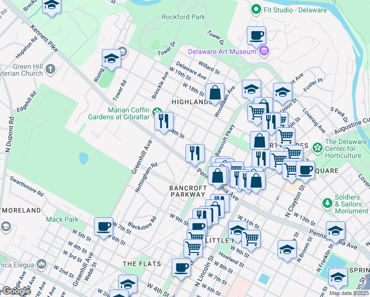 map of restaurants, bars, coffee shops, grocery stores, and more near 2334 West 14th Street in Wilmington