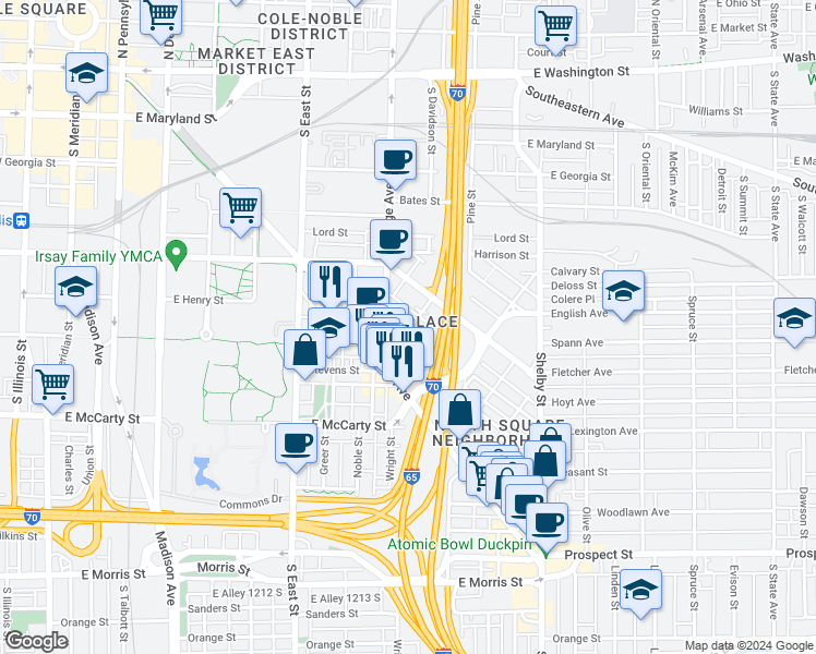 map of restaurants, bars, coffee shops, grocery stores, and more near 763 Lexington Ave in Indianapolis