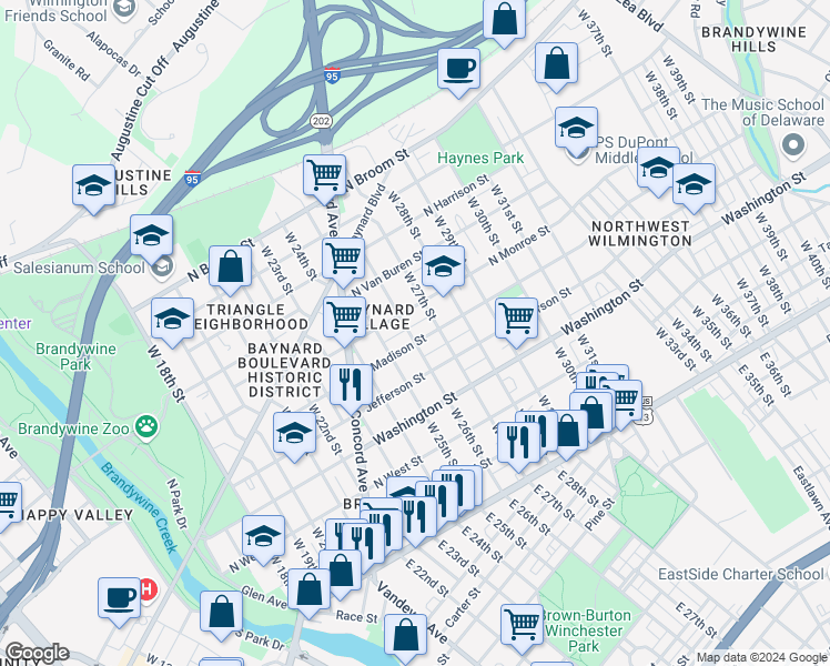 map of restaurants, bars, coffee shops, grocery stores, and more near 507 West 26th Street in Wilmington