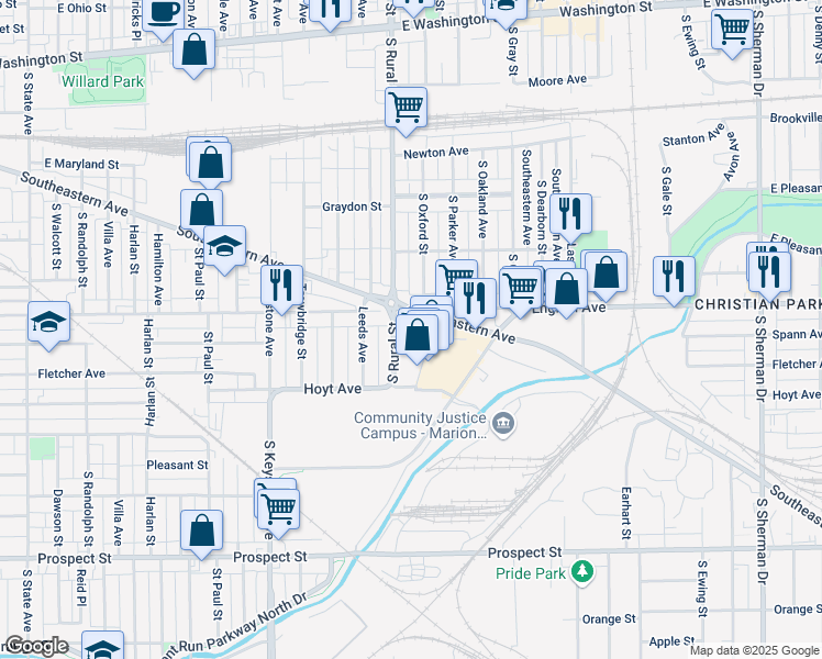 map of restaurants, bars, coffee shops, grocery stores, and more near 2815 English Avenue in Indianapolis