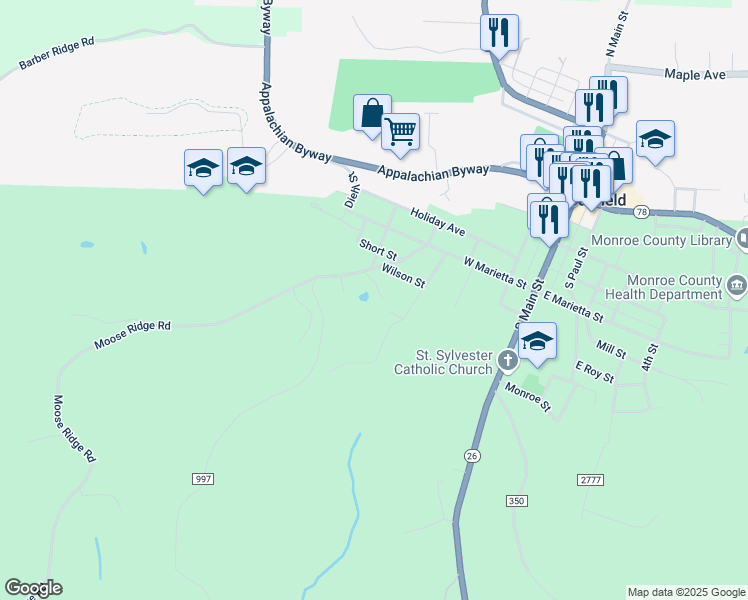 map of restaurants, bars, coffee shops, grocery stores, and more near 106 Duper Drive in Woodsfield