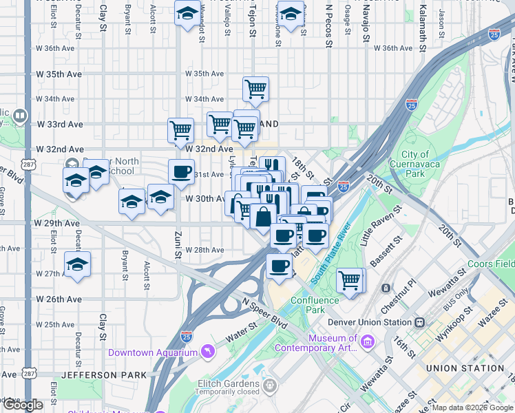 map of restaurants, bars, coffee shops, grocery stores, and more near 1560 Boulder Street in Denver