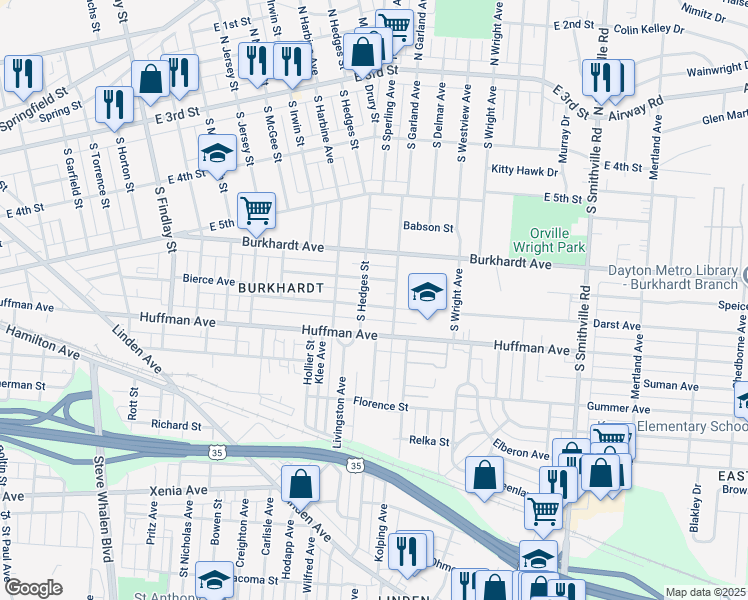 map of restaurants, bars, coffee shops, grocery stores, and more near 315 Pleasant Avenue in Dayton