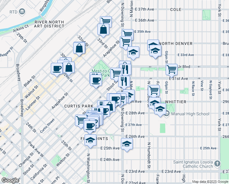 map of restaurants, bars, coffee shops, grocery stores, and more near 3091 California Street in Denver
