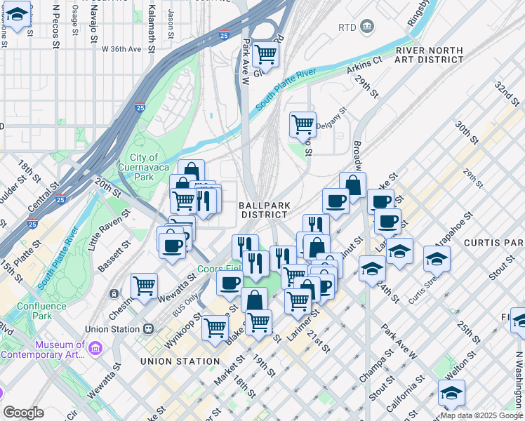 map of restaurants, bars, coffee shops, grocery stores, and more near 2729 Wewatta Street in Denver