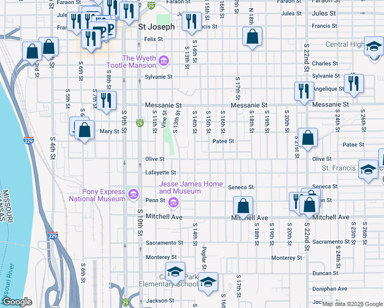 map of restaurants, bars, coffee shops, grocery stores, and more near 826 South 14th Street in Saint Joseph