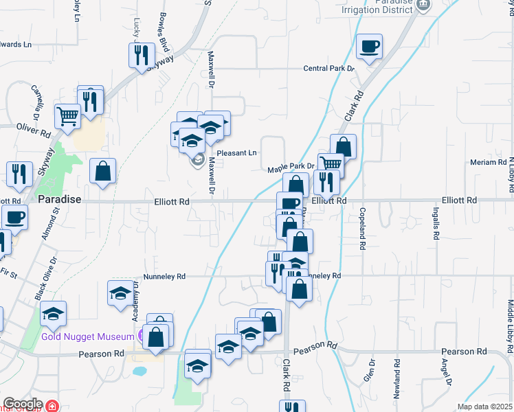 map of restaurants, bars, coffee shops, grocery stores, and more near 1038 Elliott Road in Paradise