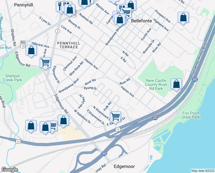 map of restaurants, bars, coffee shops, grocery stores, and more near 45 North Pennewell Drive in Wilmington