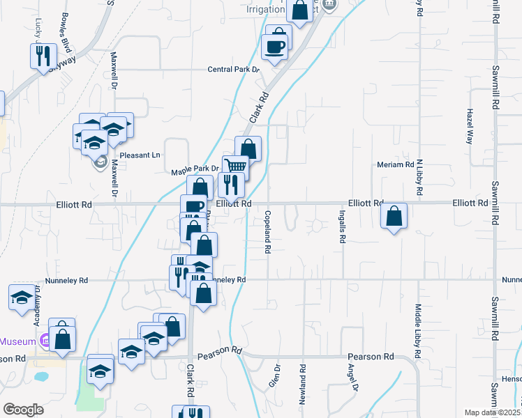 map of restaurants, bars, coffee shops, grocery stores, and more near 1166 Elliott Road in Paradise