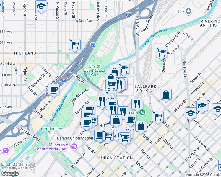 map of restaurants, bars, coffee shops, grocery stores, and more near in Denver