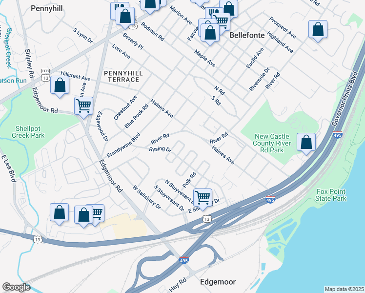 map of restaurants, bars, coffee shops, grocery stores, and more near 30 North Pennewell Drive in Wilmington
