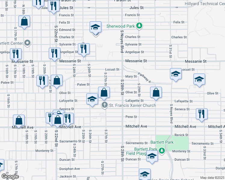 map of restaurants, bars, coffee shops, grocery stores, and more near 2716 Olive Street in Saint Joseph