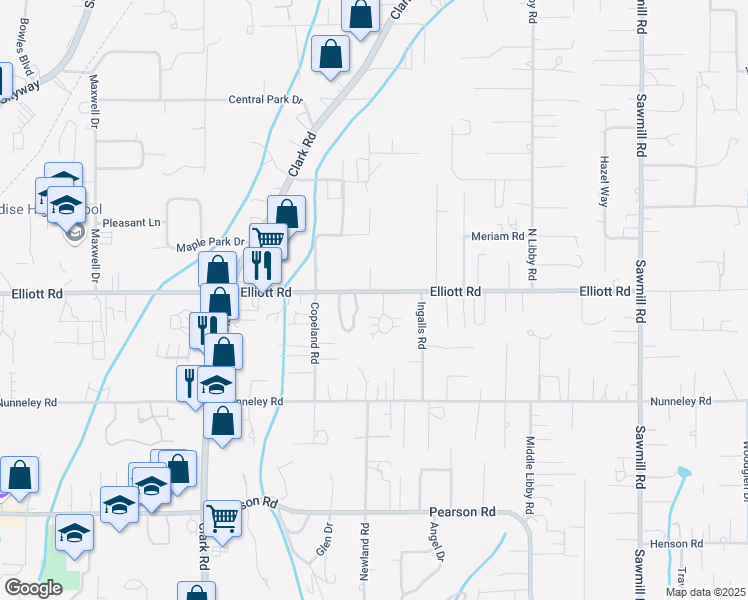 map of restaurants, bars, coffee shops, grocery stores, and more near 1246 Elliott Road in Paradise
