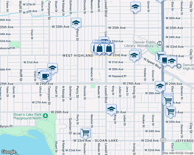 map of restaurants, bars, coffee shops, grocery stores, and more near 3629 West 29th Avenue in Denver
