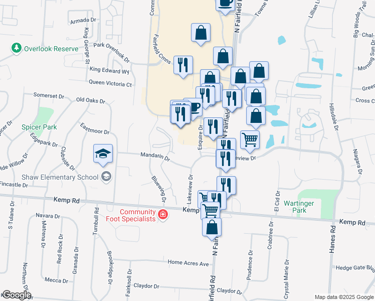 map of restaurants, bars, coffee shops, grocery stores, and more near 2365 Lakeview Drive in Beavercreek