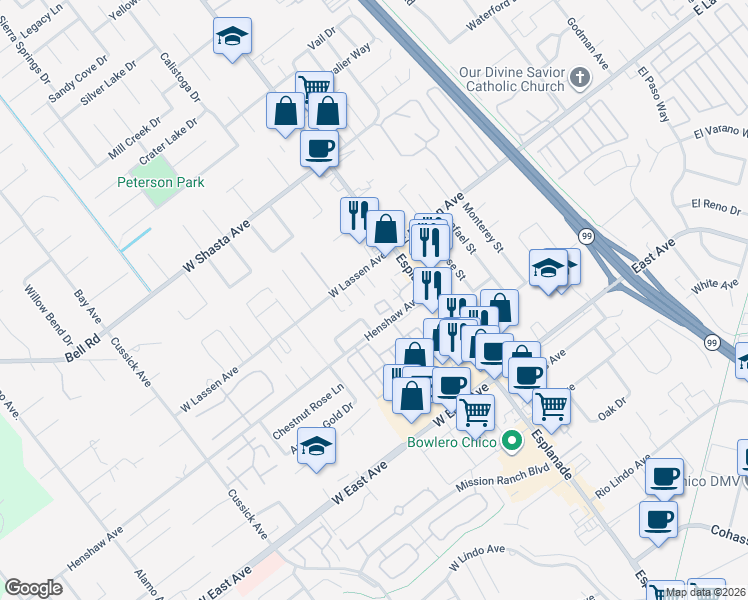 map of restaurants, bars, coffee shops, grocery stores, and more near 2740 Revere Lane in Chico