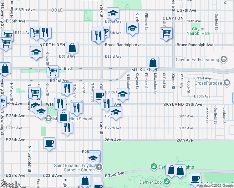 map of restaurants, bars, coffee shops, grocery stores, and more near in Denver