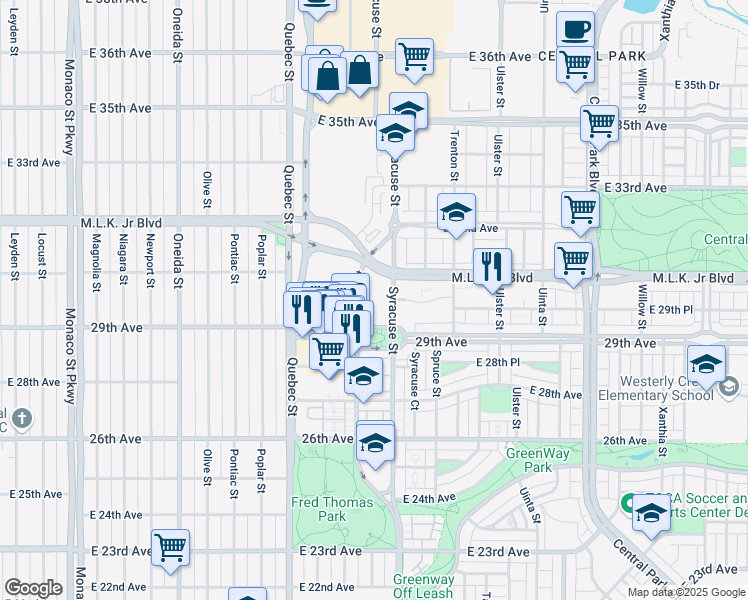 map of restaurants, bars, coffee shops, grocery stores, and more near 2957-2997 Syracuse Street in Denver