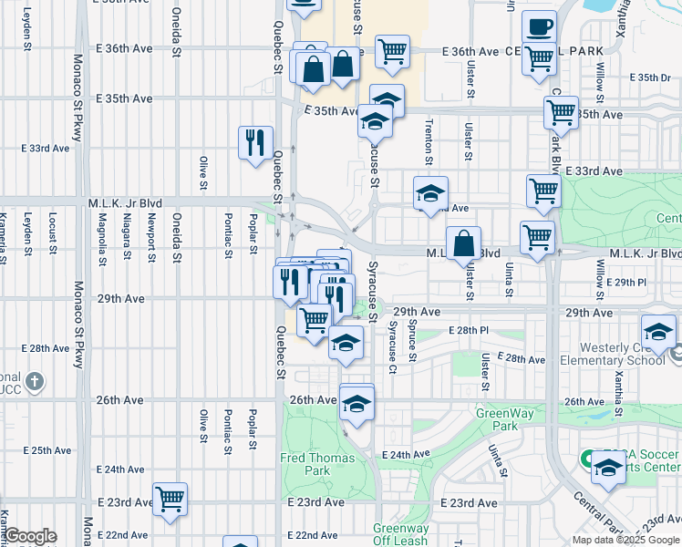 map of restaurants, bars, coffee shops, grocery stores, and more near 2961 Roslyn Street in Denver