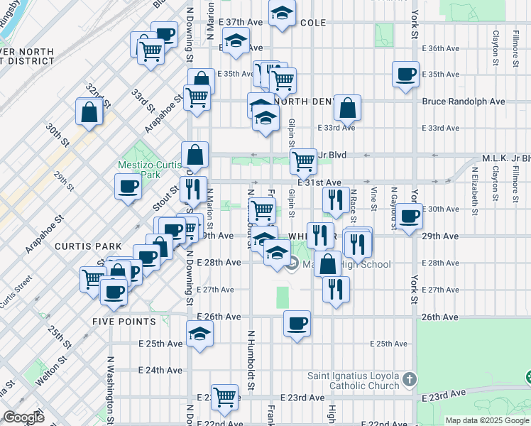 map of restaurants, bars, coffee shops, grocery stores, and more near 2935 Franklin Street in Denver