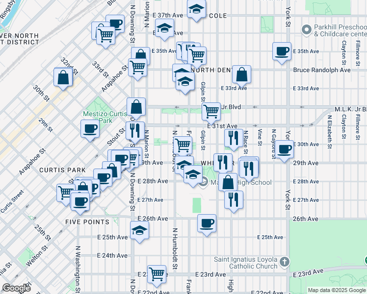 map of restaurants, bars, coffee shops, grocery stores, and more near 2935 Franklin Street in Denver