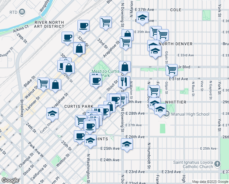 map of restaurants, bars, coffee shops, grocery stores, and more near 3051 California Street in Denver