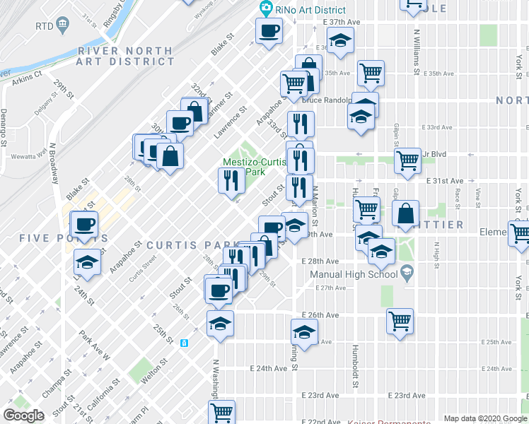 map of restaurants, bars, coffee shops, grocery stores, and more near 3051 California Street in Denver