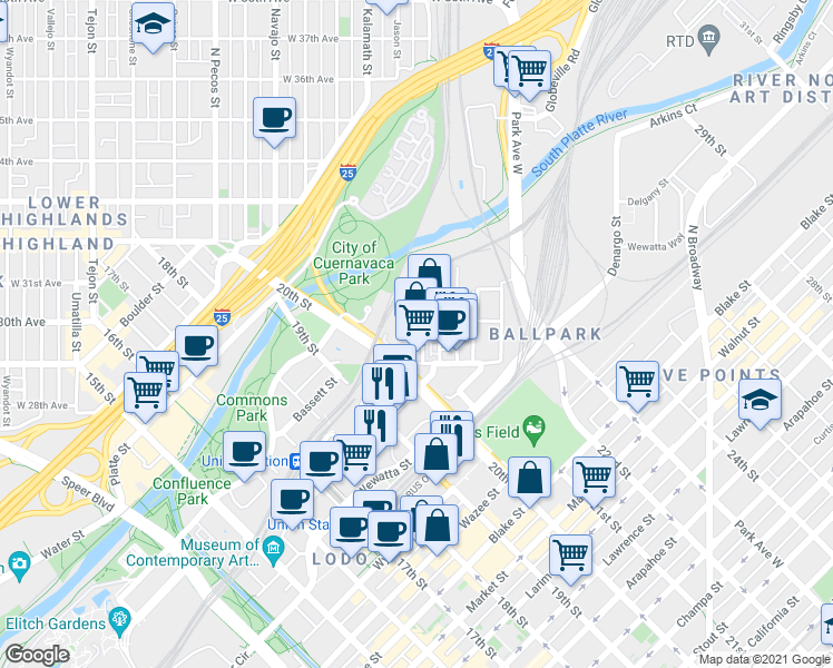 map of restaurants, bars, coffee shops, grocery stores, and more near in Denver