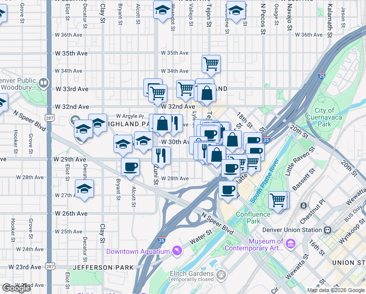 map of restaurants, bars, coffee shops, grocery stores, and more near 2205 West 29th Avenue in Denver