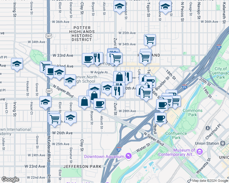 map of restaurants, bars, coffee shops, grocery stores, and more near in Denver