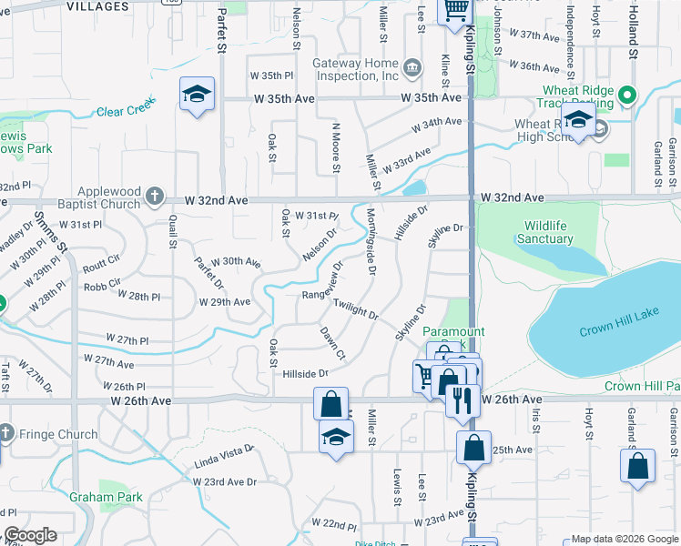 map of restaurants, bars, coffee shops, grocery stores, and more near 16 Rangeview Place in Wheat Ridge