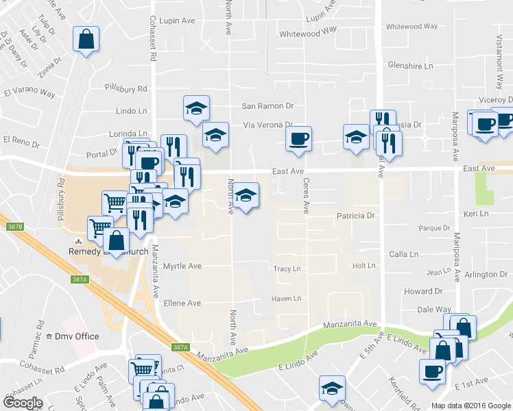 map of restaurants, bars, coffee shops, grocery stores, and more near 8 Ralland Circle in Chico