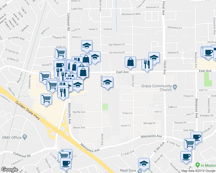 map of restaurants, bars, coffee shops, grocery stores, and more near 8 Ralland Circle in Chico