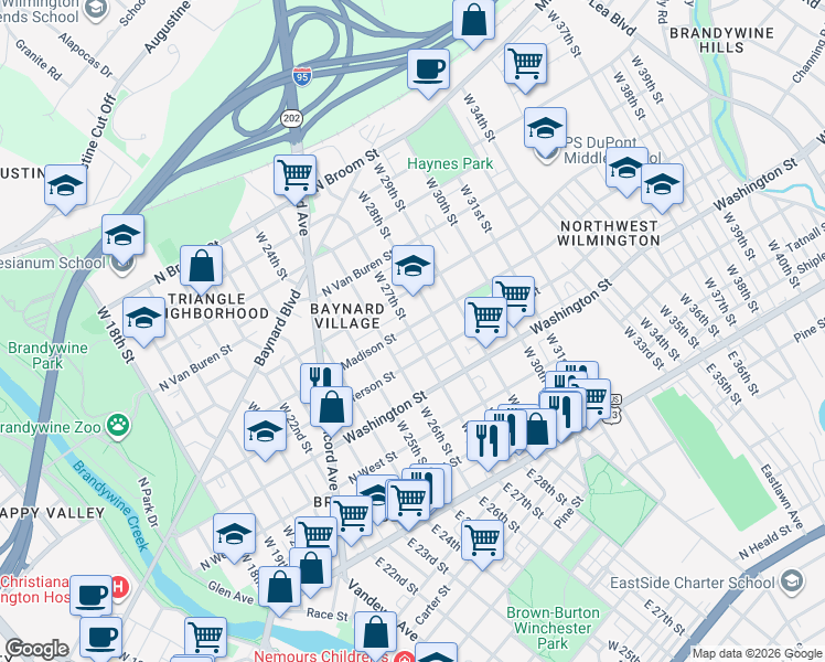 map of restaurants, bars, coffee shops, grocery stores, and more near 2607 Creston Place in Wilmington