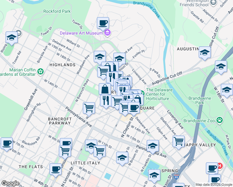 map of restaurants, bars, coffee shops, grocery stores, and more near in Wilmington