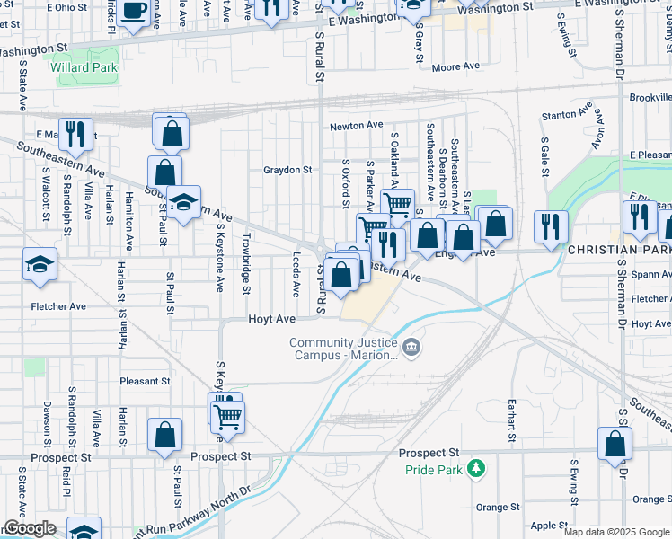 map of restaurants, bars, coffee shops, grocery stores, and more near 602 Twin Aire Dr in Indianapolis