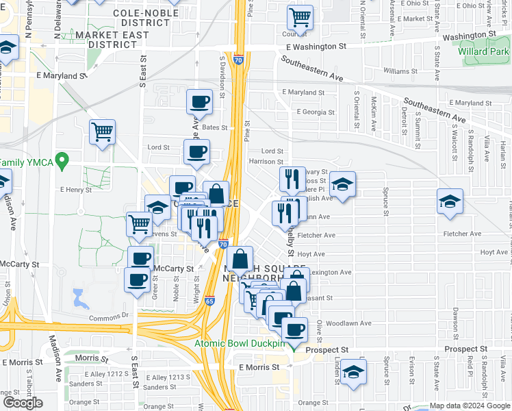 map of restaurants, bars, coffee shops, grocery stores, and more near 878 Fletcher Avenue in Indianapolis