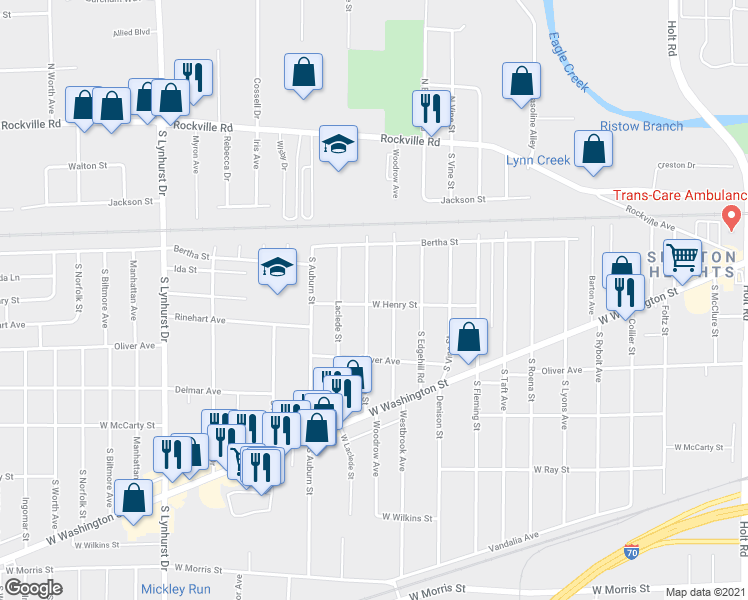 map of restaurants, bars, coffee shops, grocery stores, and more near 501 South Cole Street in Indianapolis
