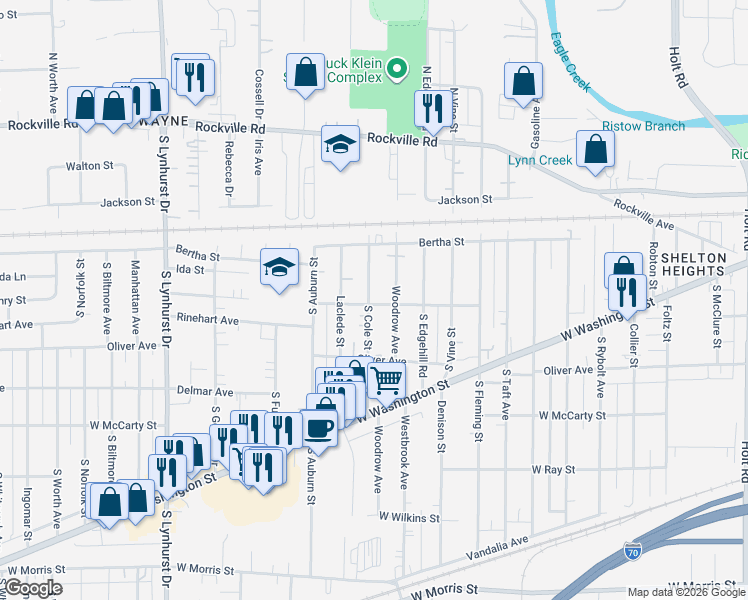 map of restaurants, bars, coffee shops, grocery stores, and more near 501 South Cole Street in Indianapolis