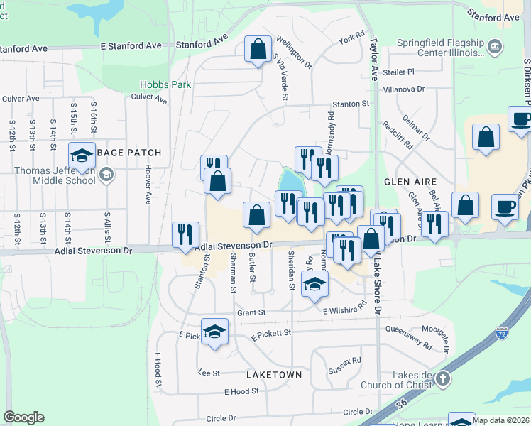 map of restaurants, bars, coffee shops, grocery stores, and more near 3120 Butler Street in Springfield