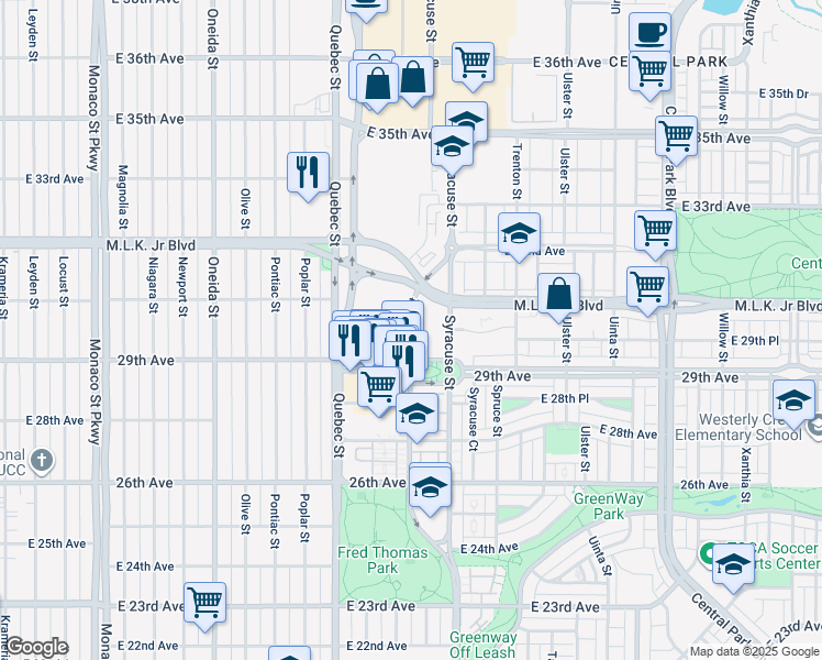 map of restaurants, bars, coffee shops, grocery stores, and more near 2961 Roslyn Street in Denver