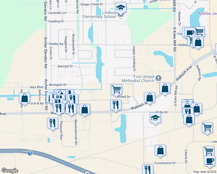 map of restaurants, bars, coffee shops, grocery stores, and more near 3080 Mercantile Drive in Springfield