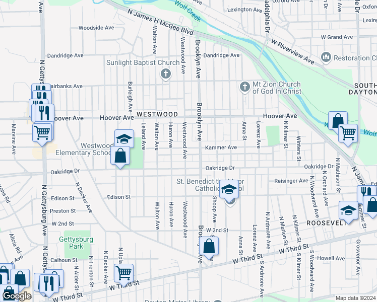 map of restaurants, bars, coffee shops, grocery stores, and more near 1028 Kammer Avenue in Dayton