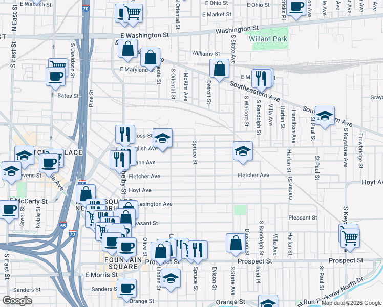map of restaurants, bars, coffee shops, grocery stores, and more near 514 Spruce Street in Indianapolis