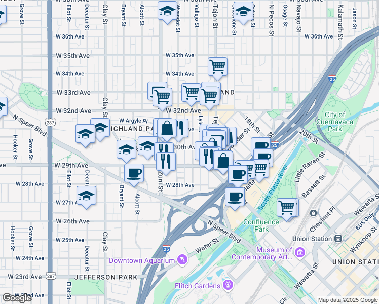 map of restaurants, bars, coffee shops, grocery stores, and more near 2955 Vallejo Street in Denver